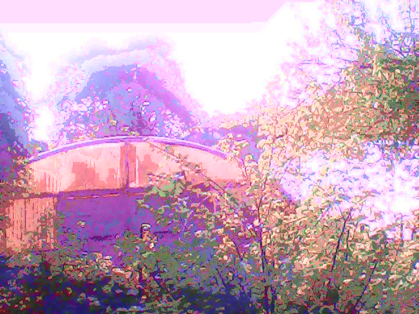 Circuit-bent photo of a greenhouse surrounded by vegetation
