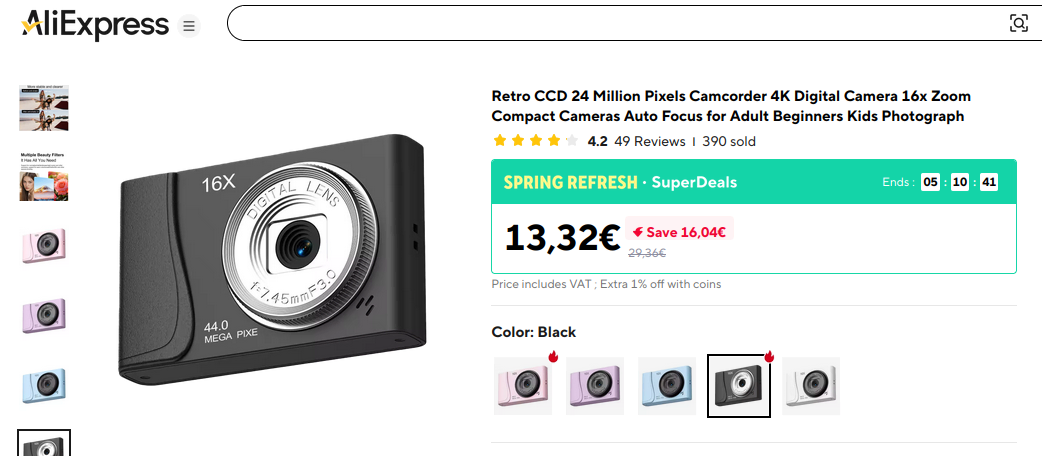 Screenshot of an AliExpress listing for a toy camera